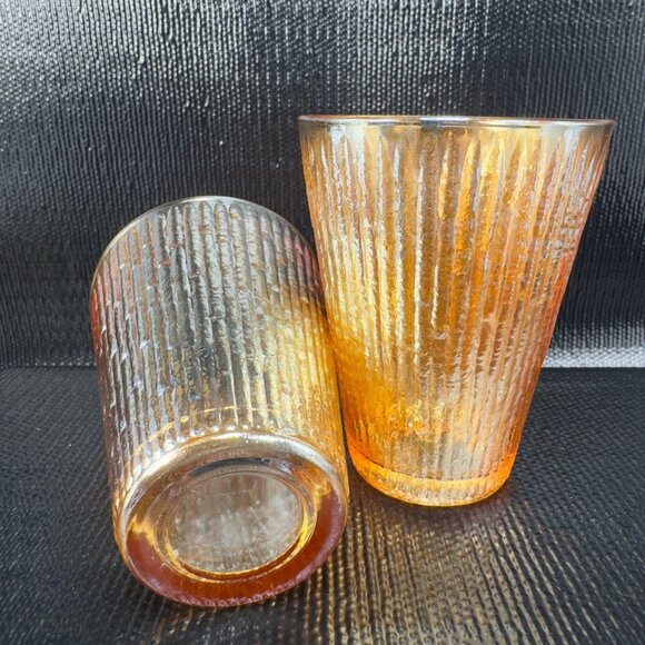 Jeanette Tree Bark Marigold Carnival Glass Tumblers Set 2 Barware Iridescent VTG - Picture 7 of 9
